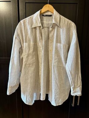 ZARA Striped Linen Blend Button-Up Shirt | XS Oversized